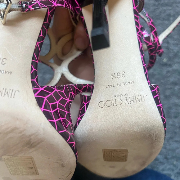 Jimmy Choo Pink and Black Print Patent Lance Strappy Sandals Size 36.5 - Picture 4 of 9